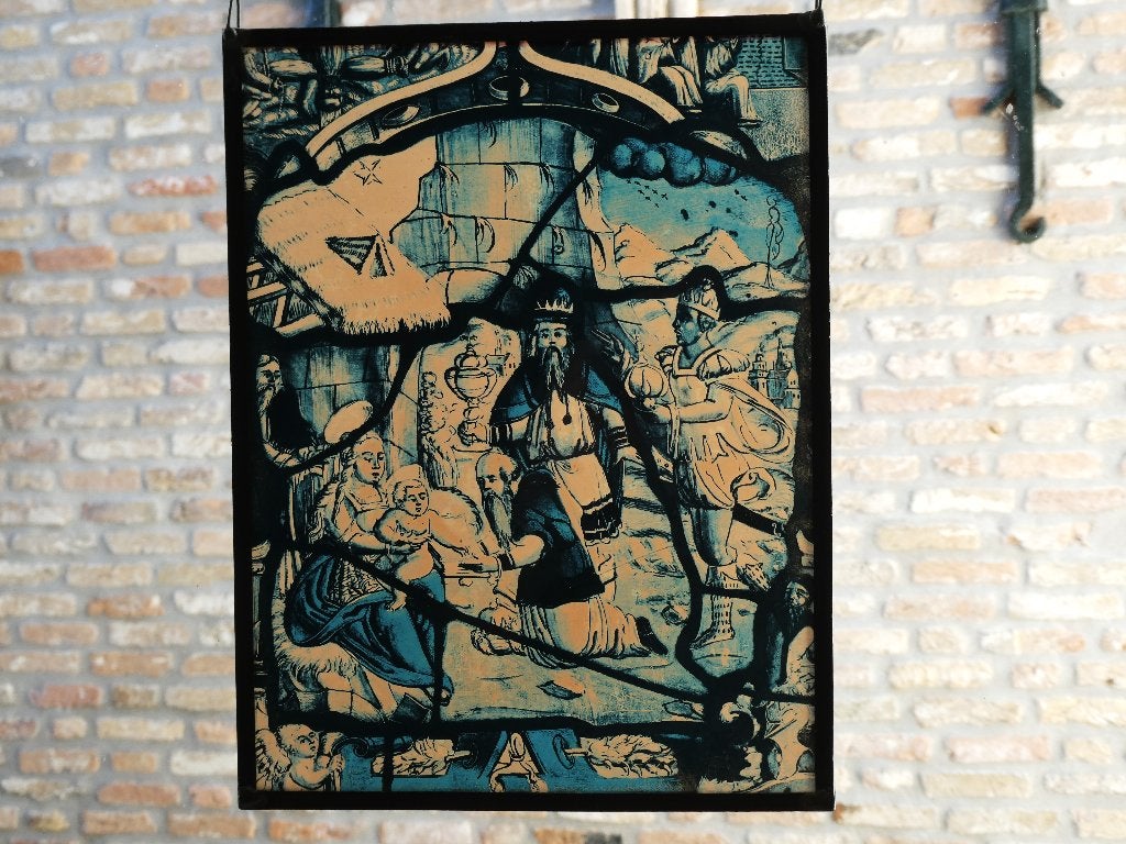 Glas in lood Aanbidding der Wijzen Drie Koningen kerststal, Ophalen of Verzenden