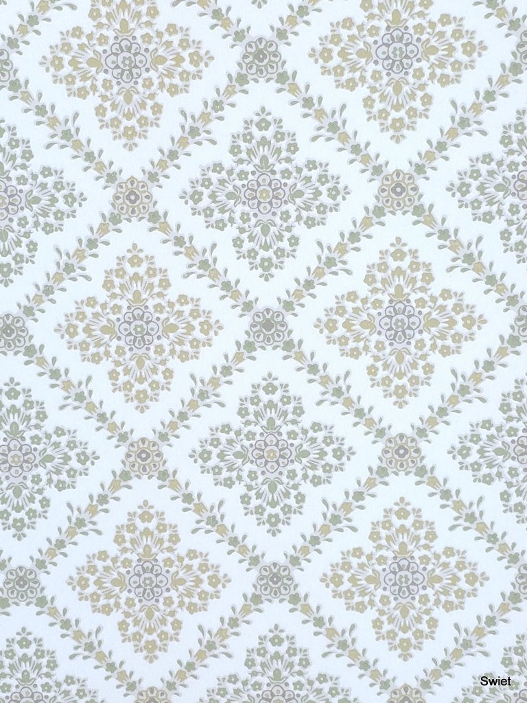 5023 retro wyberbehang bloemen zachtgroen oker 50s swiet, Ophalen of Verzenden, Wit