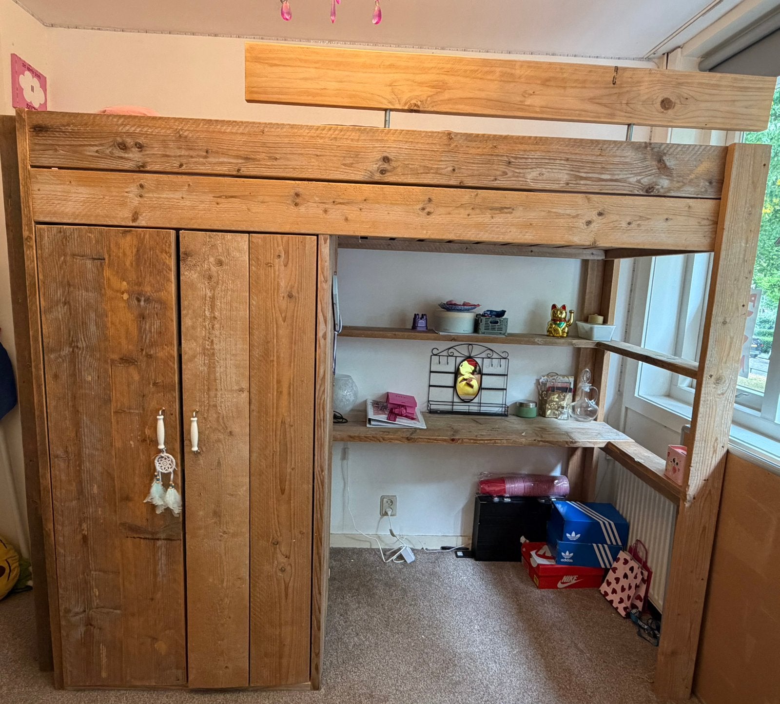 Leuke hoogslaper-kledingkast-bureau combi van steigerhout, Ophalen, Gebruikt, Hoogslaper