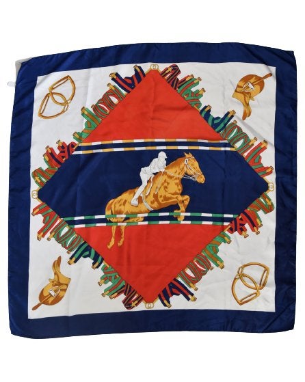 Vintage designer foulard, shawl, paard, rood/goud, Kleding | Dames, Verzenden, Maat 46/48 (XL) of groter, Zo goed als nieuw, Sjaal