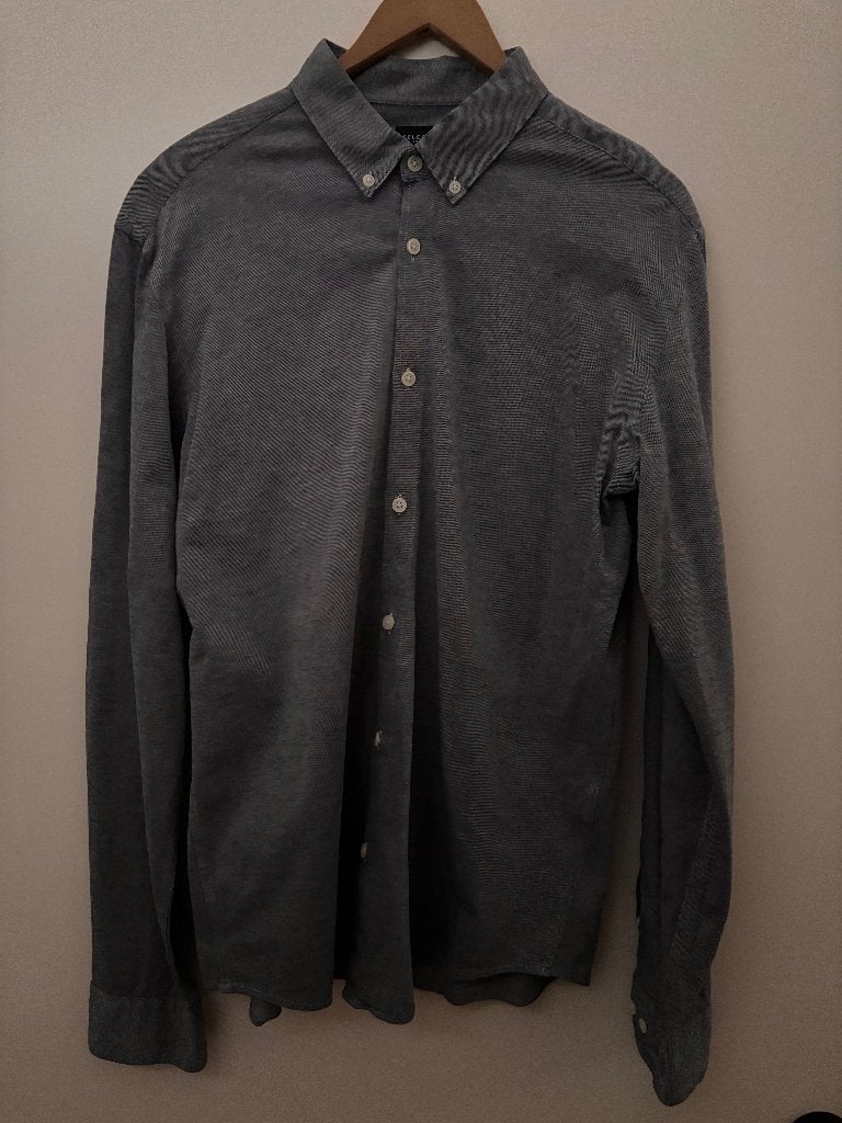 Selected Homme slim fit overhemd / blouse grijs, maat L., Ophalen of Verzenden, Zo goed als nieuw, Halswijdte 41/42 (L), Grijs