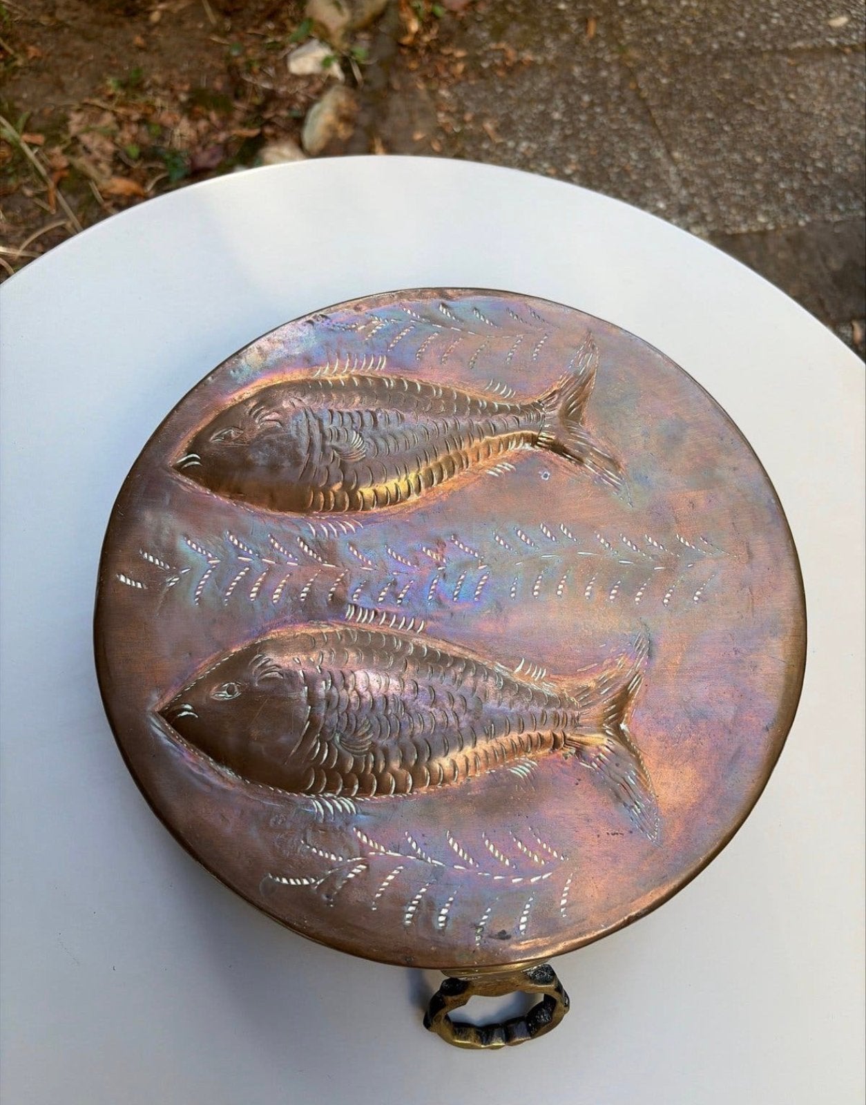 Vintage Koperen Vispan met Gedetailleerd Deksel, Ophalen of Verzenden, Koper