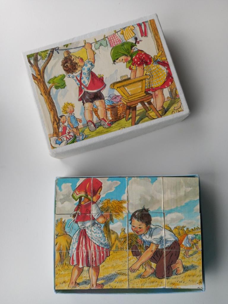 Vintage houten blokjespuzzel (kubuspuzzel), Ophalen of Verzenden, Zo goed als nieuw, Overige typen