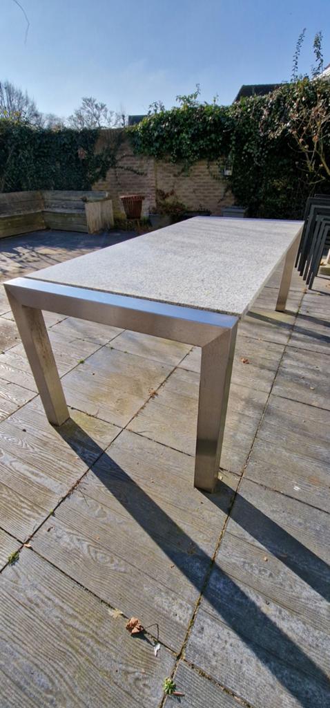 Tuin-/eettafel met granieten blad en RVS onderstel, Tuin en Terras, Tuintafels, Ophalen, Gebruikt, Rechthoekig