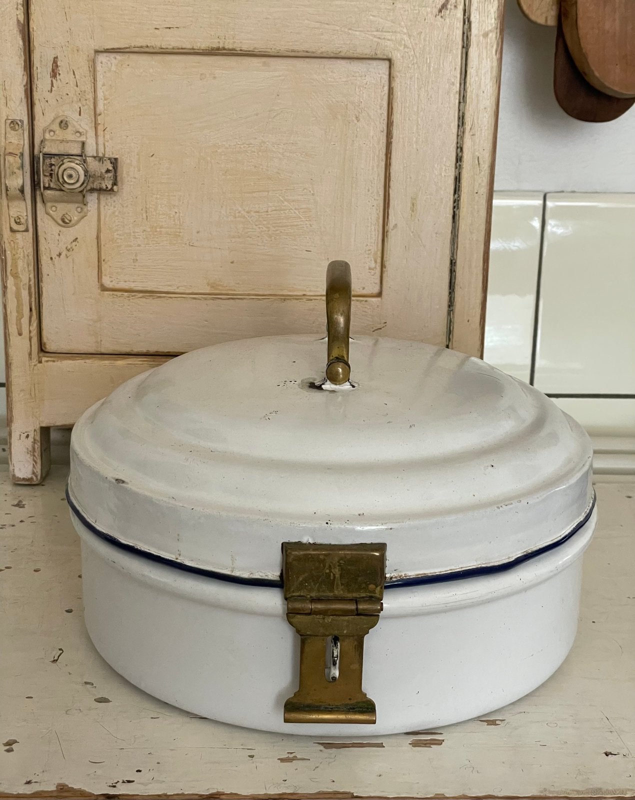 Emaille oude ronde broodtrommel / koektrommel wit, Antiek en Kunst, Ophalen of Verzenden