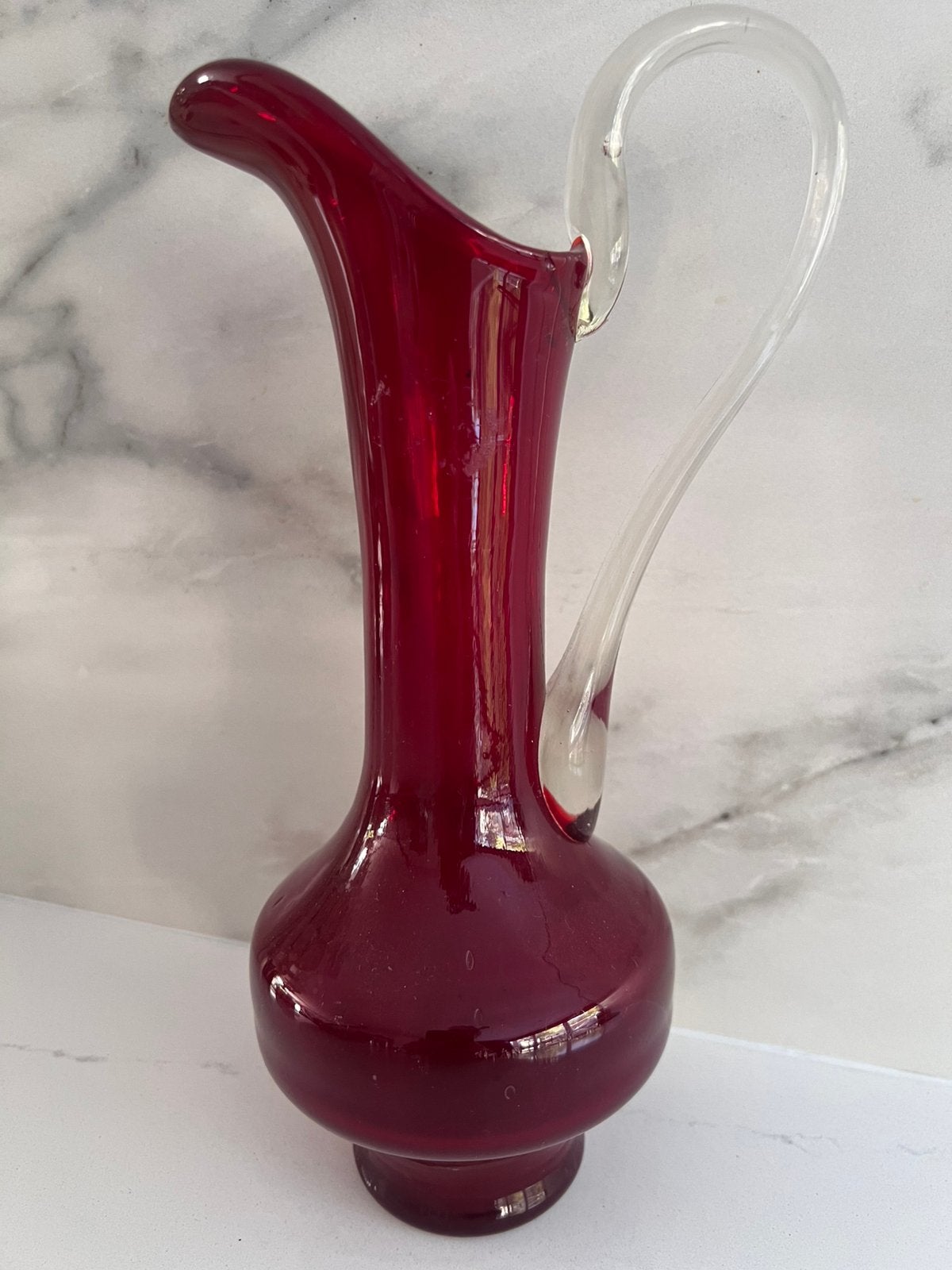 VINTAGE MURANO ROOD GLAS GLAZEN KAN KARAF MET HANDVAT, Ophalen of Verzenden