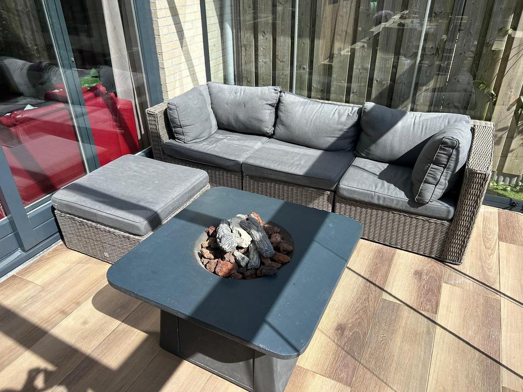 Loungebank Le Sud met hocker en wasbare kussens, Tuin en Terras, Ophalen, Gebruikt, 3 zitplaatsen, Loungeset