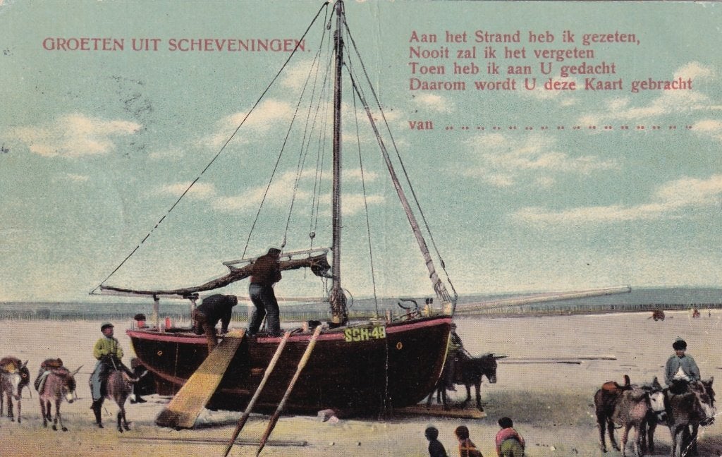 Oude Ansichtkaart Scheveningen - Vissersboot op Strand, Ophalen of Verzenden, Voor 1920, Gelopen, Zuid-Holland
