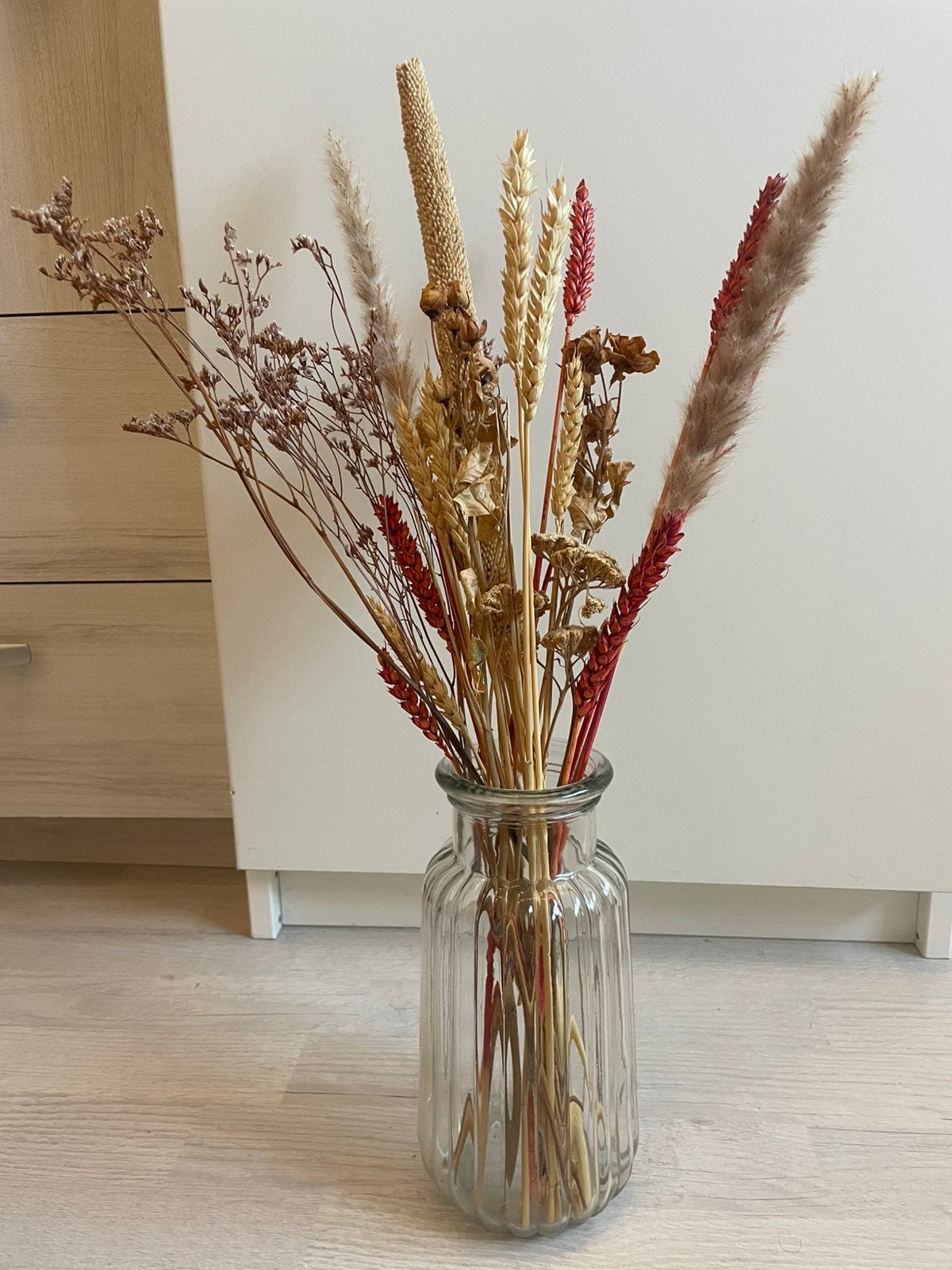Droogbloemen boeket inclusief vaas, Ophalen of Verzenden, Zo goed als nieuw