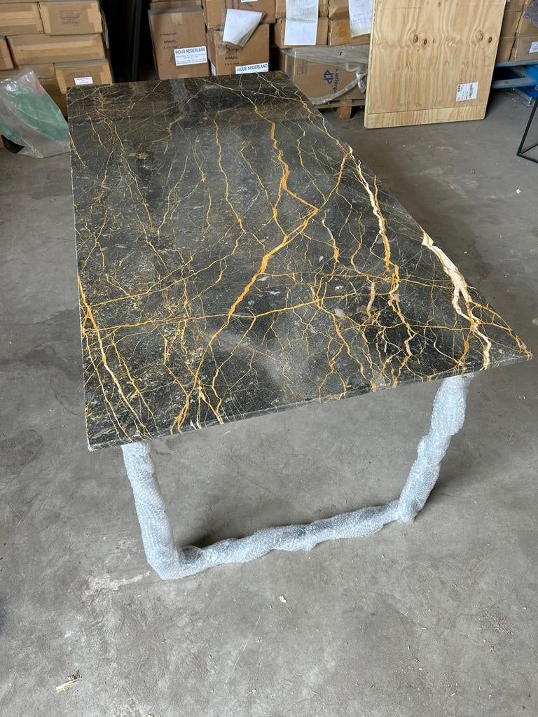 Marmeren Eettafel 180x90 Zwart Goud met buisframe onderstel, Overige materialen, Nieuw, 50 tot 100 cm, Vijf personen of meer