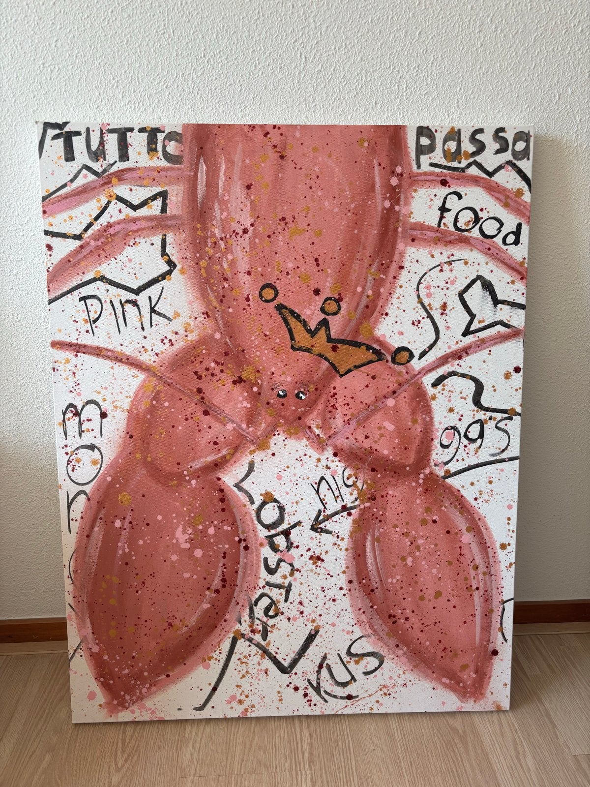 Modern schilderij roze kreeft met kroon, 90x70 cm, Antiek en Kunst, Kunst | Schilderijen | Modern, Ophalen, Acrylverf, Handgeschilderd