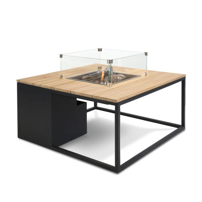Cosiloft lounge vuurtafel 100 cm zwart - teak top, Ophalen of Verzenden, Zo goed als nieuw