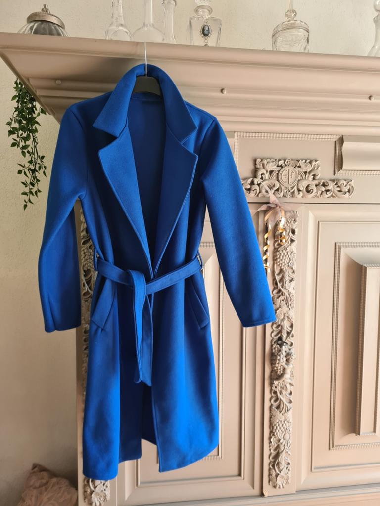 Prachtige koningsblauwe mantel met bindcentuur (Maat M), Kleding | Dames, Jassen | Winter, Maat 38/40 (M), Blauw, Ophalen of Verzenden