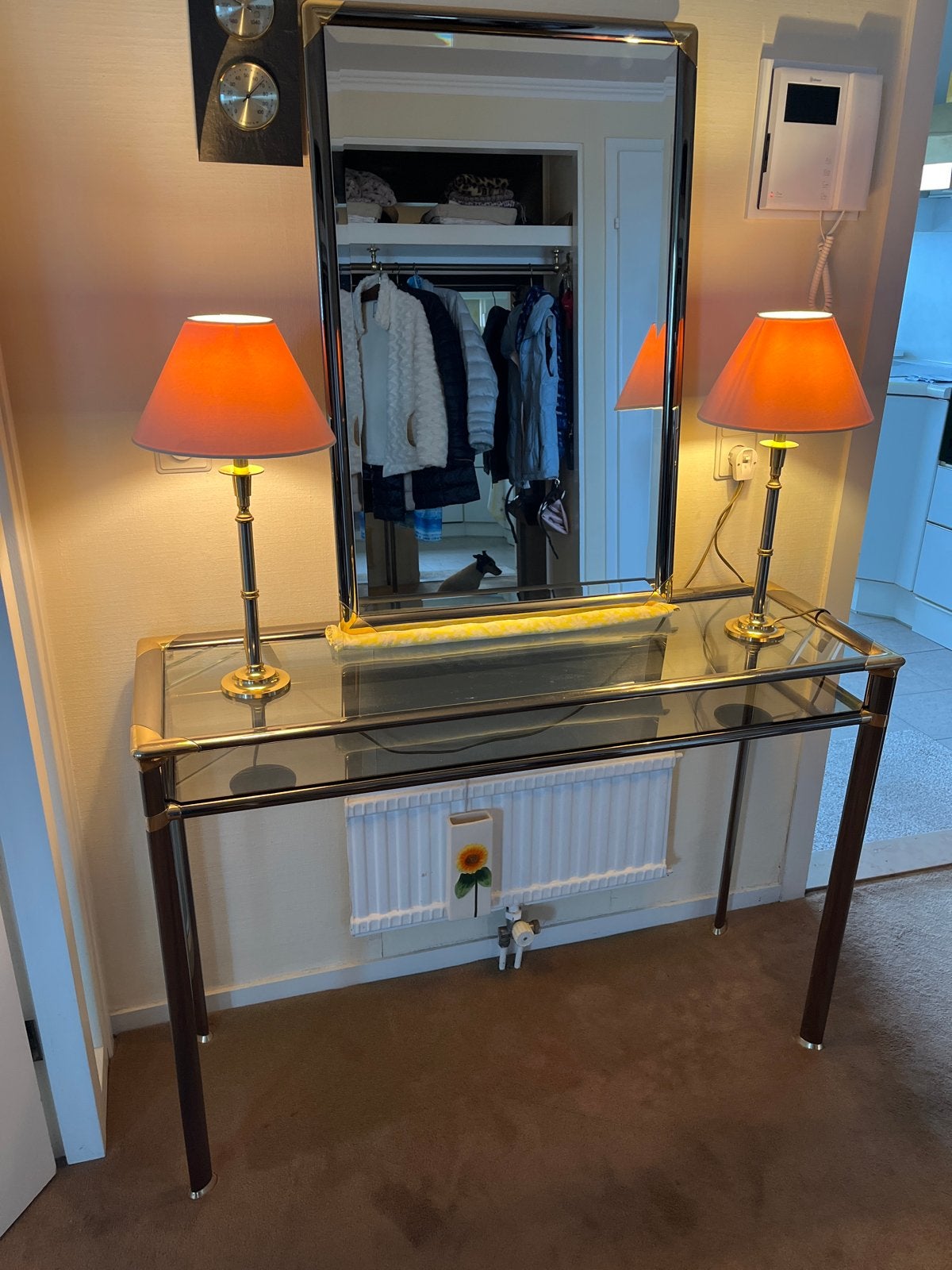 Spiegel, 2 lampen en sidetable van duur metaal - complete se, Ophalen, 100 tot 150 cm, Zo goed als nieuw, 100 tot 125 cm