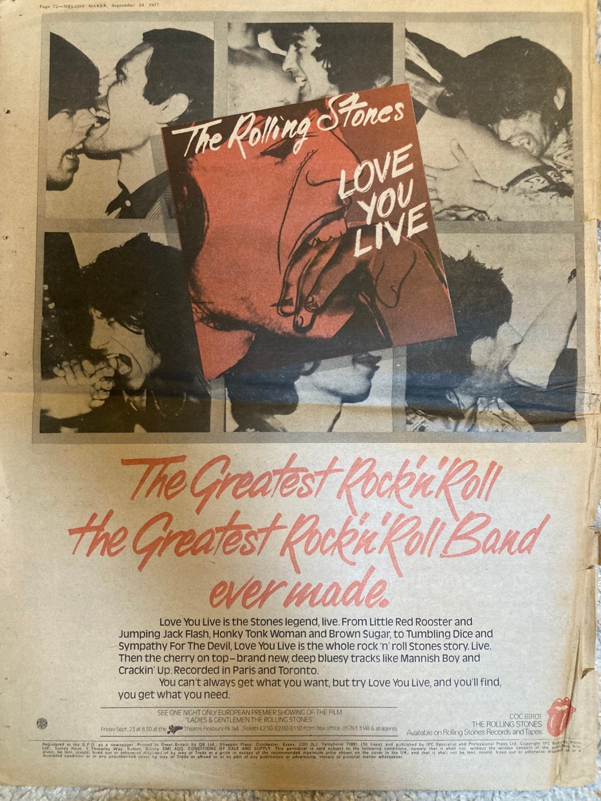 Paginagrote A3 advertentie ROLLING STONES Love You Live rele, Cd's en Dvd's, Vinyl | Rock, Ophalen of Verzenden