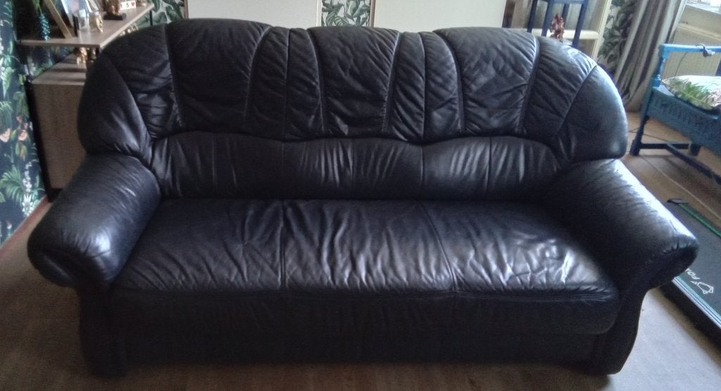 Blauw leren bankstel, Huis en Inrichting, Ophalen, Gebruikt, Overige maten, 150 tot 200 cm