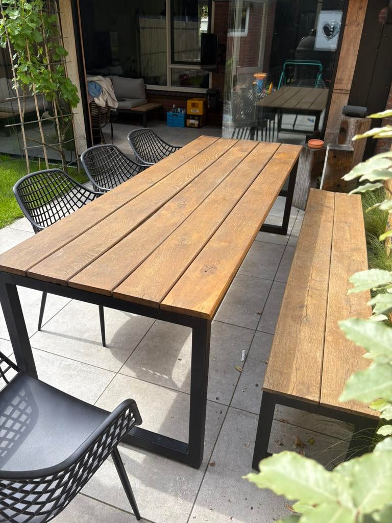 Tuintafel met bank staal eiken en stoelen, Ophalen, Zo goed als nieuw, Rechthoekig, Hout