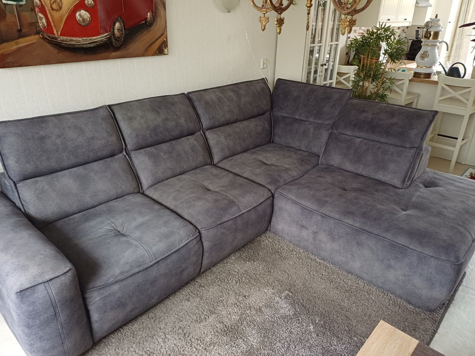 Lounge hoekbank verstelbare zit/hoofdsteunen en opbergvak, Huis en Inrichting, Banken | Bankstellen, Ophalen, Gebruikt, Vierpersoons of meer