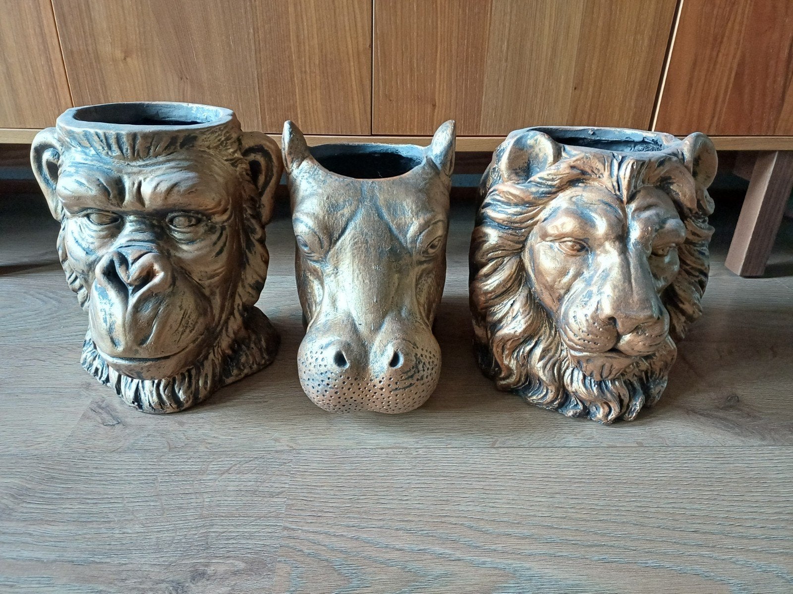 Set van 3 bloempotten met dierenhoofden, ook los te koop, Ophalen, Overige materialen, Binnen, Zo goed als nieuw