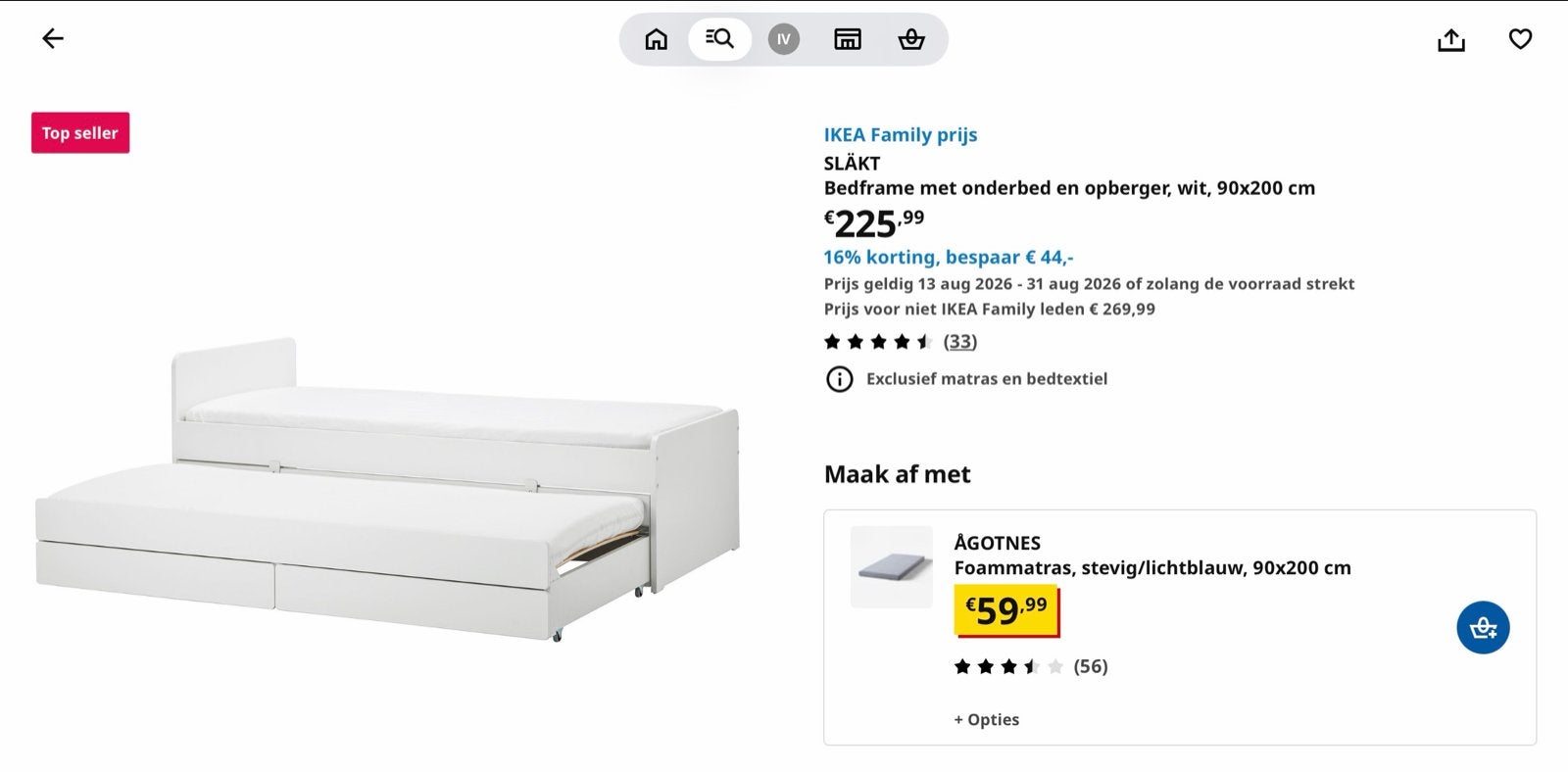 IKEA SLÄKT bedframe met onderbed en opberger, wit, Ophalen, 90 cm, Eenpersoons, Wit