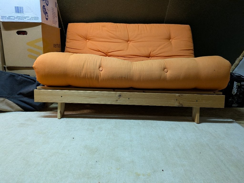 Karup slaapbank oranje & hout (140x200 / 140x110), Ophalen, Gebruikt, Tweepersoons, Oranje