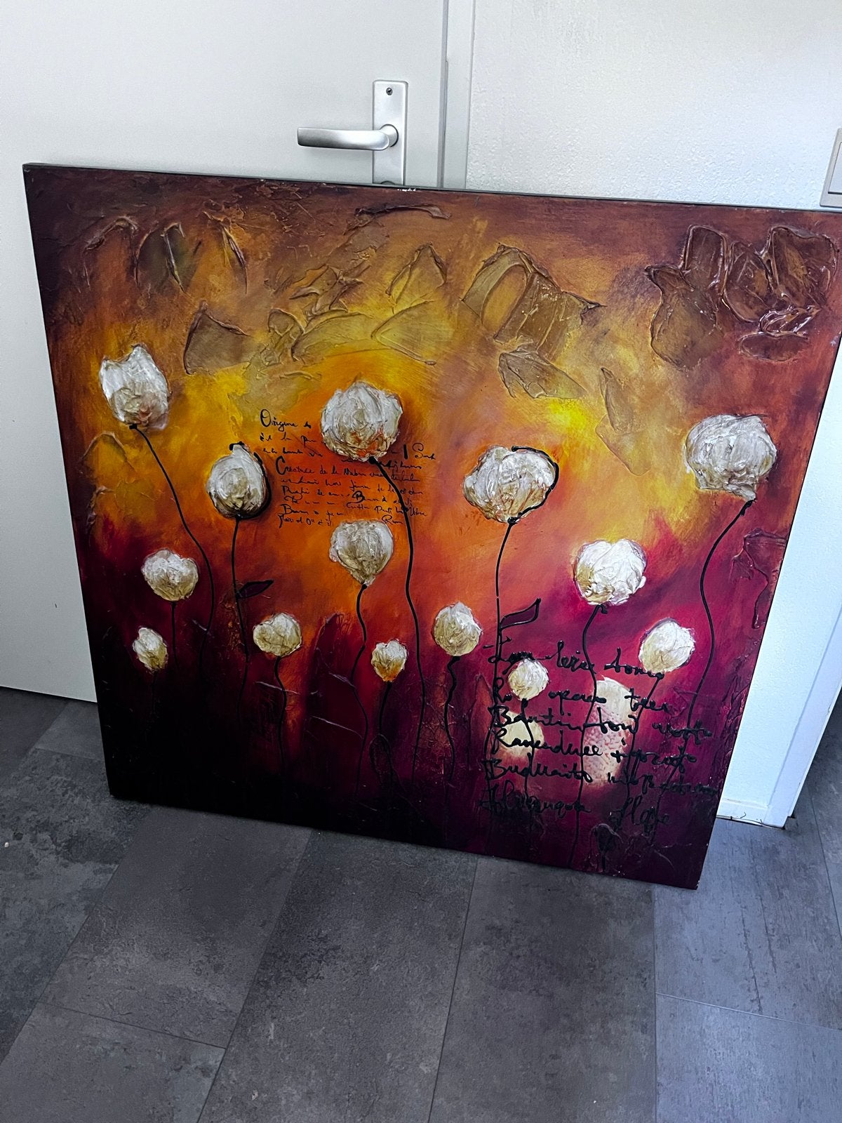 Schilderij 100x100 cm met bloemen, reliëf en certificaat, Ophalen