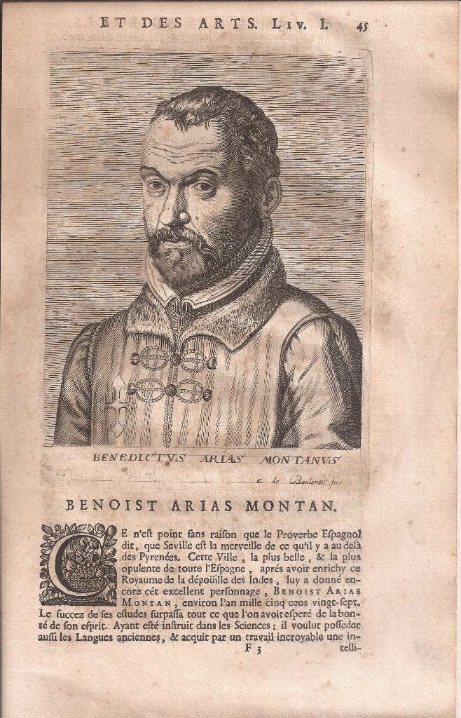 Benedictus Arias Montanus Portret Kopergravure 1695, 18 cm, Portret, 13 cm, 1600 - 1699