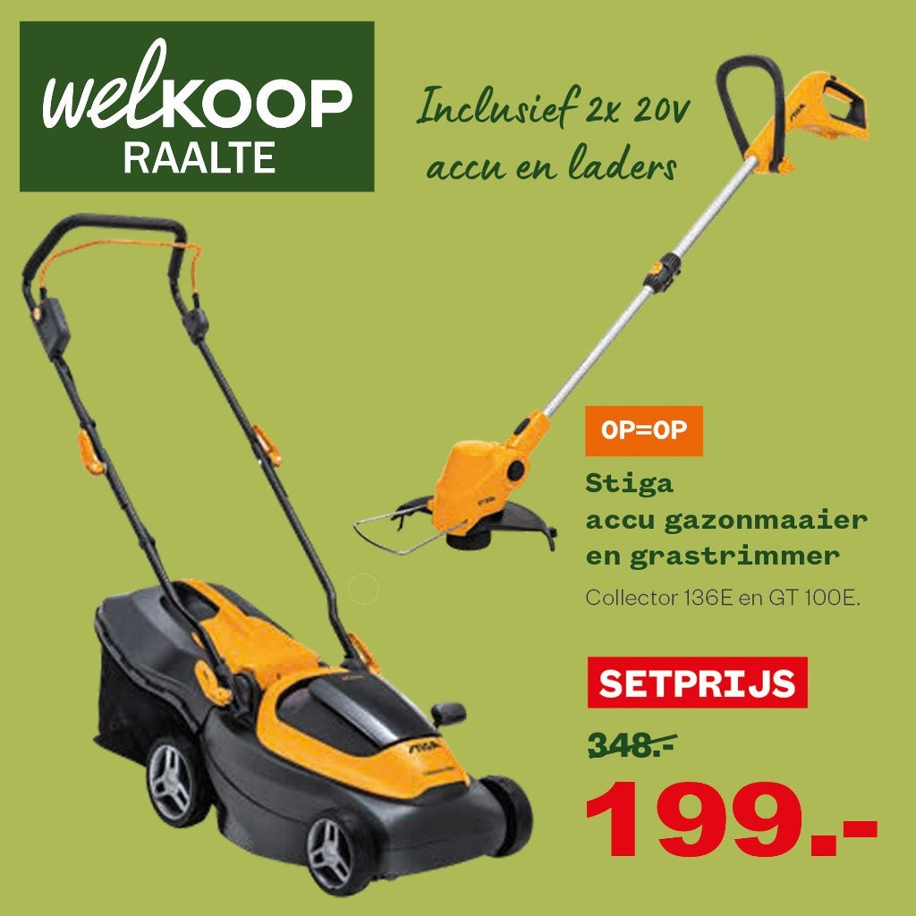 Stiga accu maaier mét trimmer set, NIEUW in DOOS, Ophalen, Cirkelmaaier, Stiga, Accu-grasmaaier
