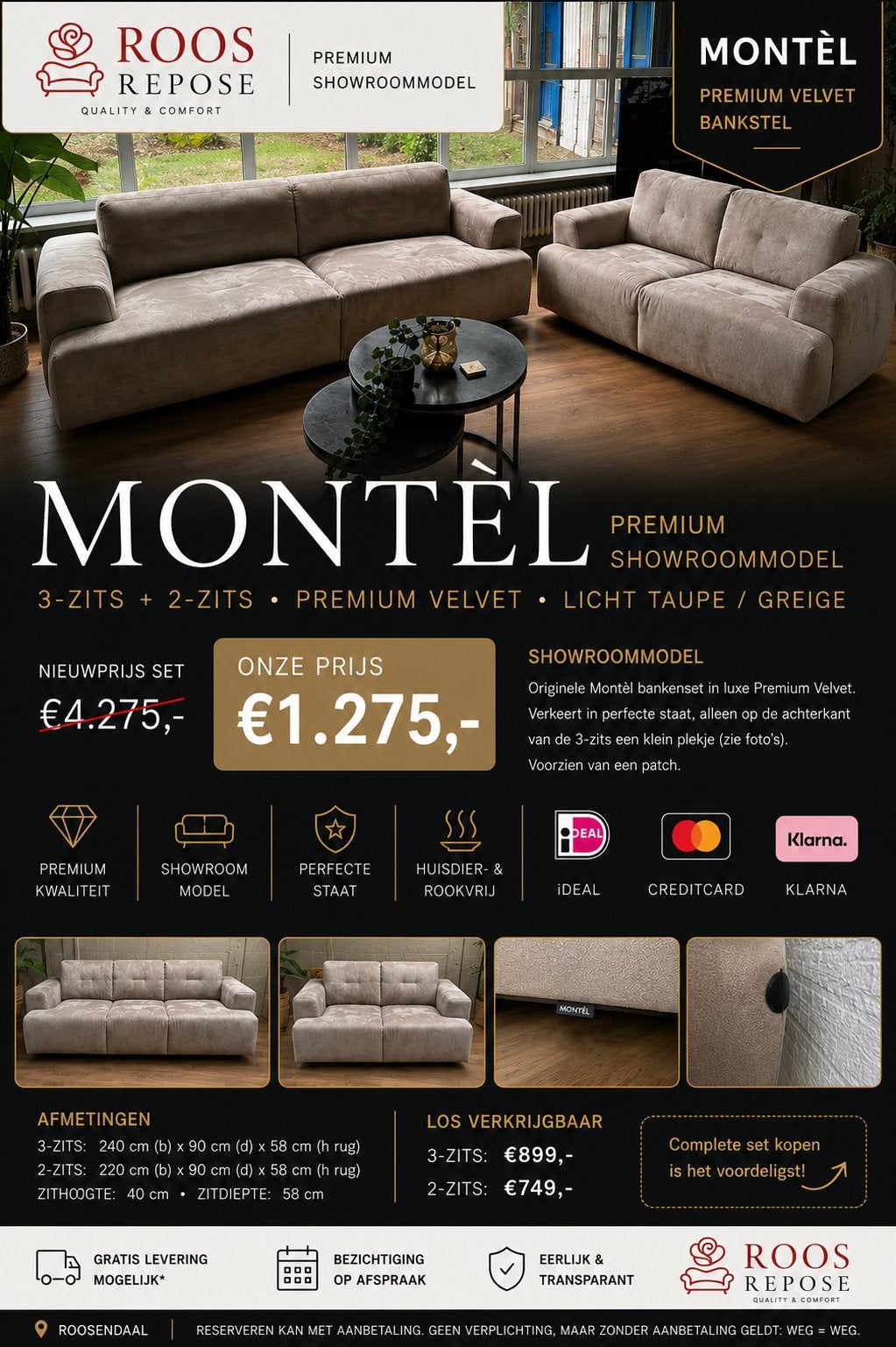 MONTÈL PREMIUM VELVET | 3-ZITS + 2-ZITS | SHOWROOMMODEL, Luxe, Nieuw, 75 tot 100 cm, Ophalen of Verzenden