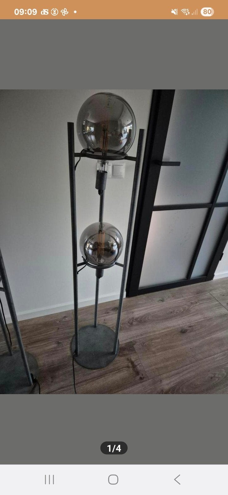 Moderne design vloerlamp met twee glazen bollen, Ophalen, Modern, Industrieel, E27 (groot), Zo goed als nieuw