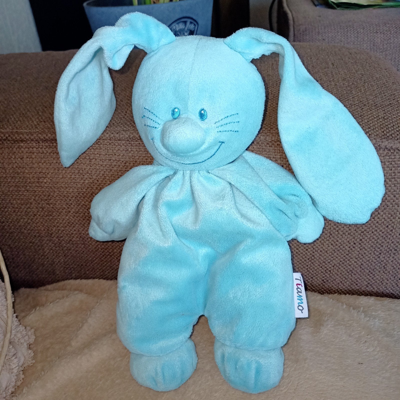 Tiamo blauw konijnen knuffel met rammelaar., Met geluid, Blauw, Konijn, Ophalen of Verzenden