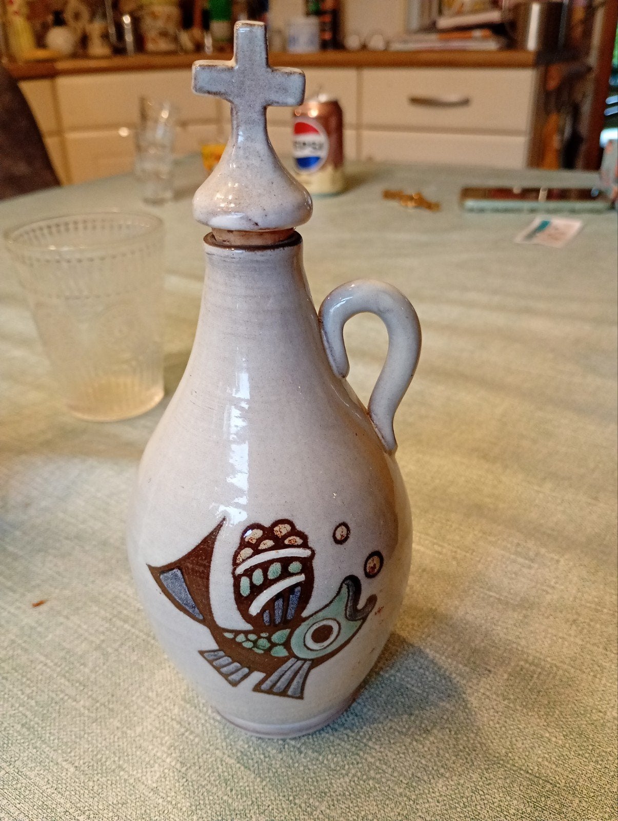Keramische Kruik met Visdecor en Kruisdeksel Amha holland, Antiek en Kunst, Ophalen of Verzenden