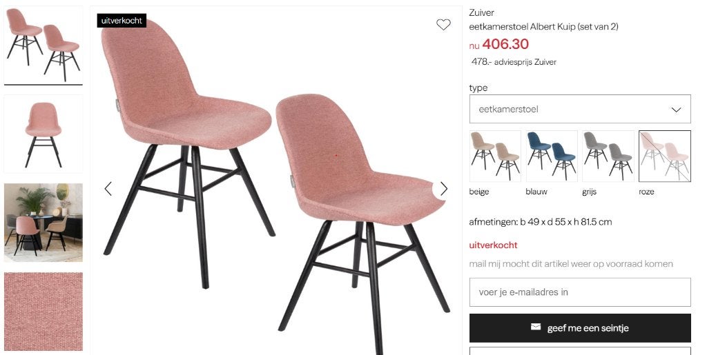 4 eetkamerstoelen Albert Kuip van Zuiver | Zacht roze, Ophalen, Zo goed als nieuw, Overige kleuren, Vier