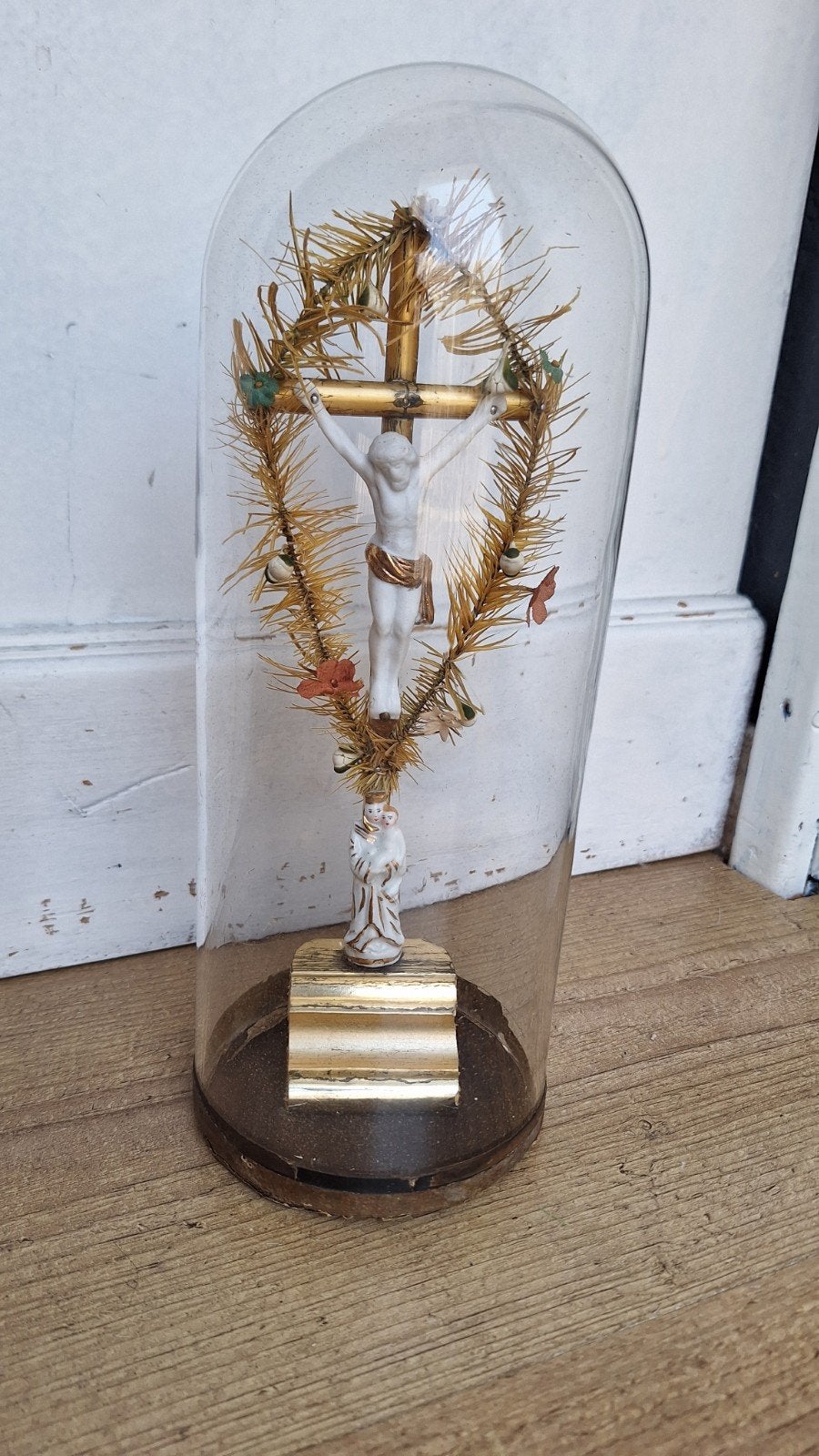 Oude glazen stolpje, met religieuze afbeelding,  zie foto's, Ophalen of Verzenden