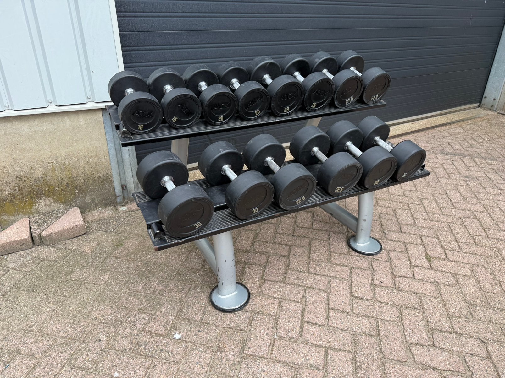 Atx Rubberen Dumbells 15kg t/m 37,5kg + Dumbells Opbergrek, Sport en Fitness, Ophalen, Gebruikt, Dumbbell