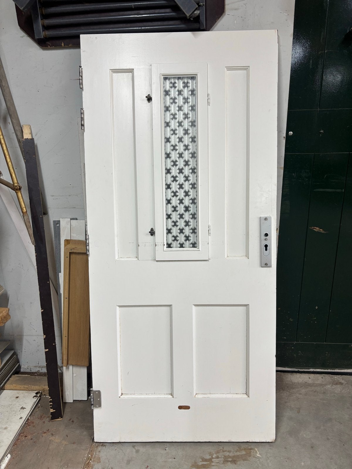 Houten voordeur met glas en rooster - wit/groen, Ophalen, Gebruikt, 80 tot 100 cm, Binnendeur