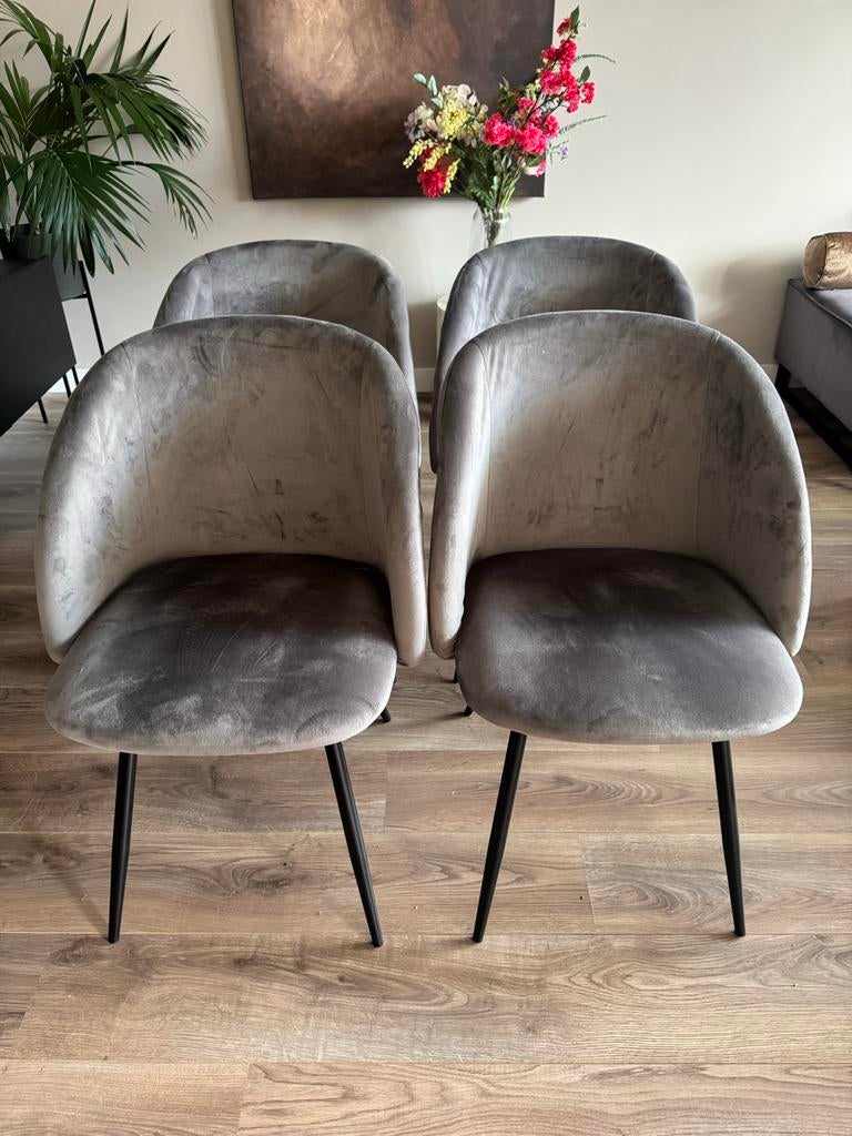 Vier grijze velvet eetkamerstoelen, Huis en Inrichting, Stoelen, Ophalen, Gebruikt, Vier, Stof