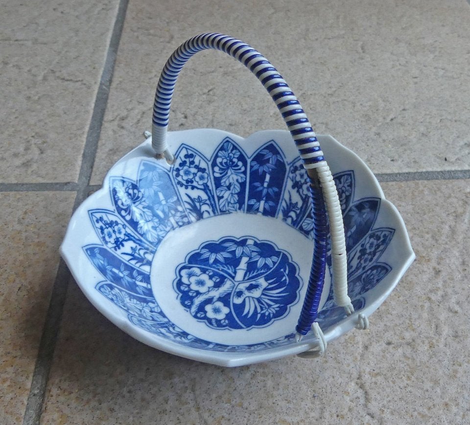 Hengselschaaltje Oosters decor bamboe blauw wit schaaltje, Gebruikt, Porselein of Keramiek, Schaal, Rond