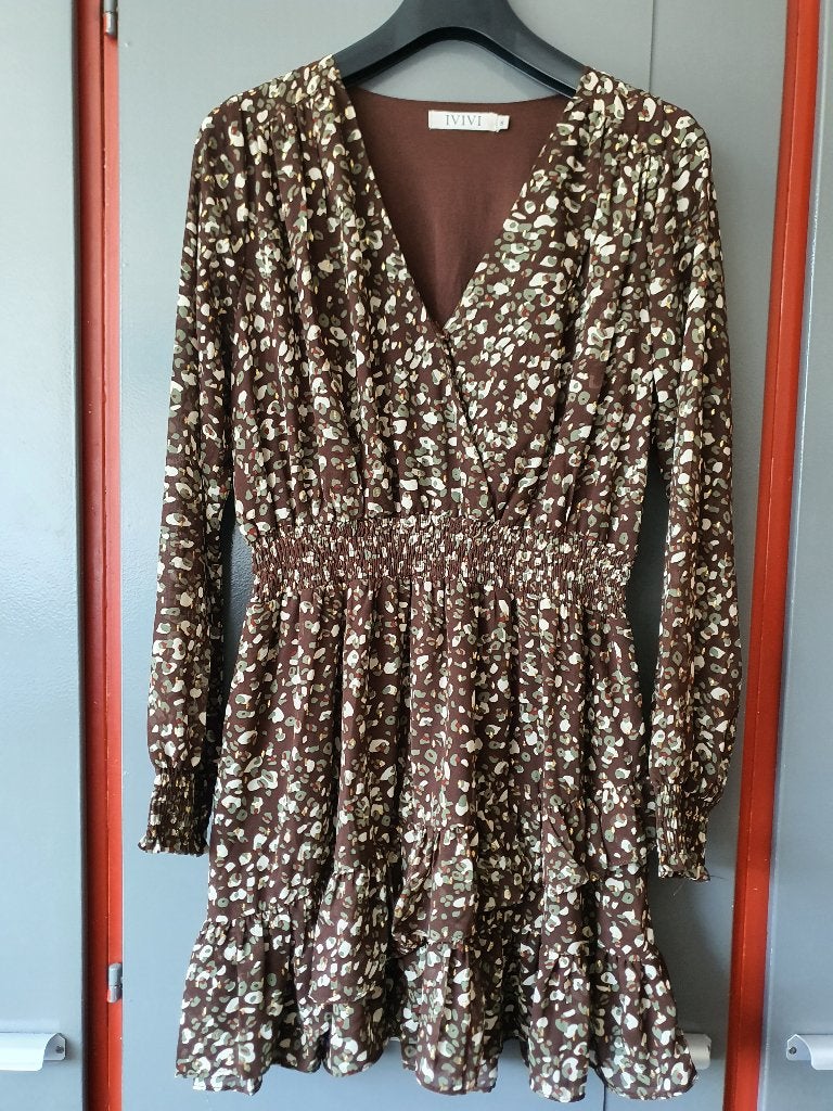IVIVI jurk bruin met print – maat S, Kleding | Dames, Maat 38/40 (M), Bruin, Ophalen of Verzenden, Zo goed als nieuw