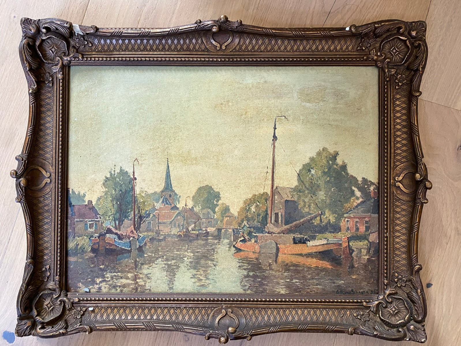 G.F. Van Schagen - Wartena, Dorpsgezicht aan het water, Ophalen, Paneel, Oud hollands, Gesigneerd