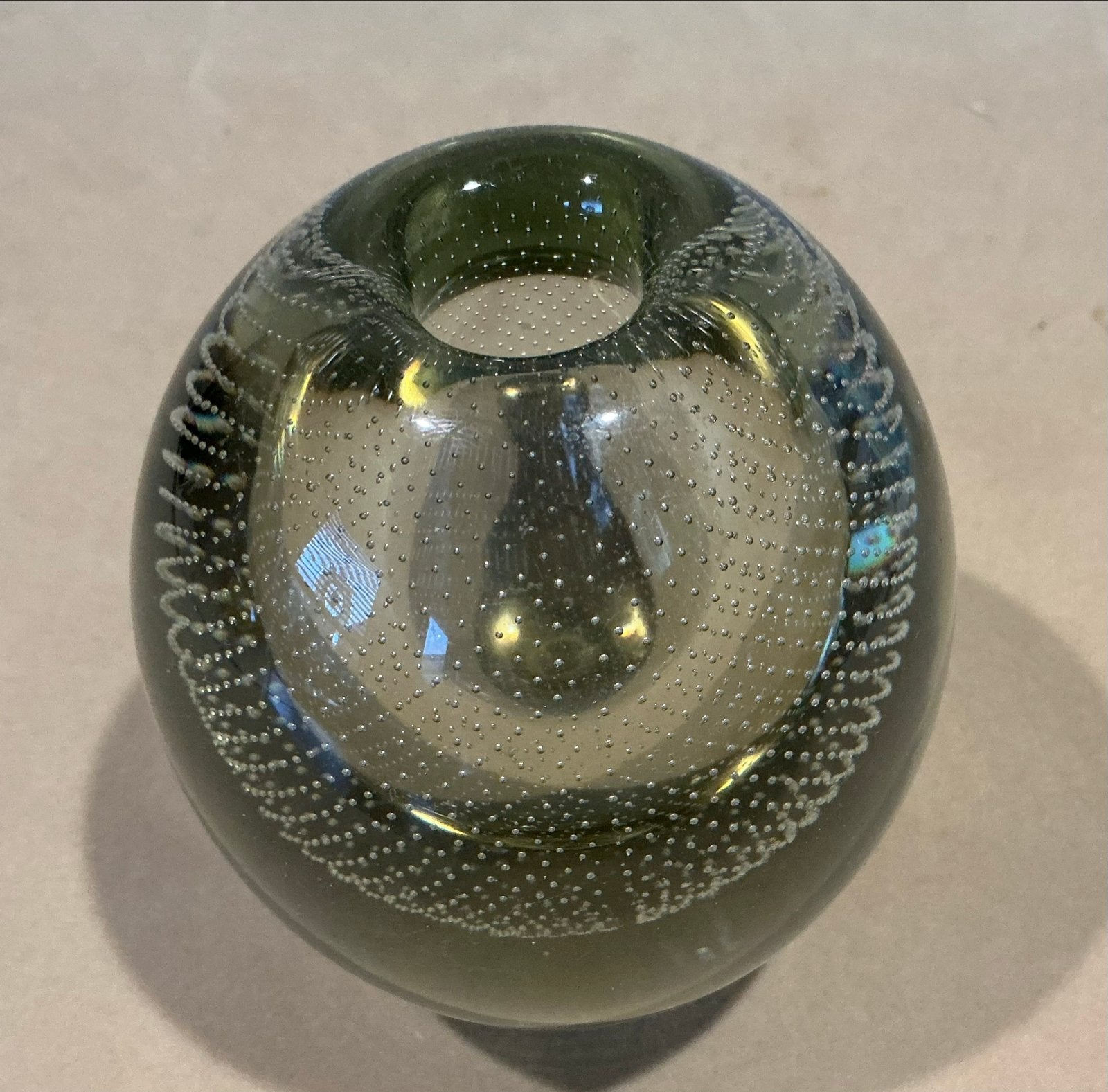 Vintage Spijkerglas Leerdam, glas bubbelvaasje, olijfgroen., Verzenden