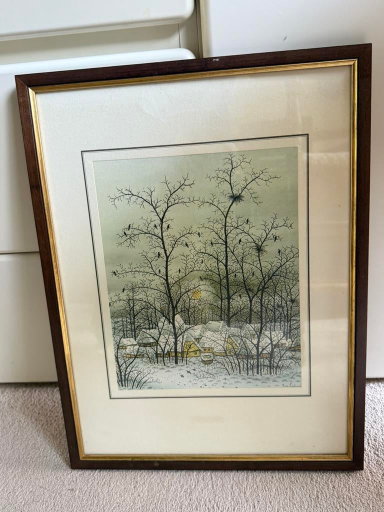 Sfeervolle winterprent in lijst - J. van de Geer, Antiek en Kunst, Ophalen