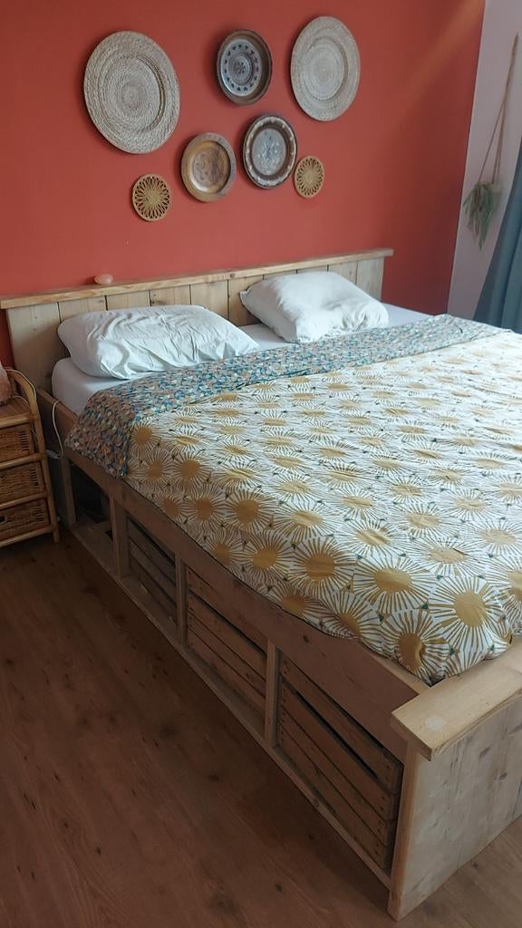 Steigerhouten tweepersoonsbed 180x200 met opbergruimte, Huis en Inrichting, Ophalen, Gebruikt, Bruin, Steigerhout