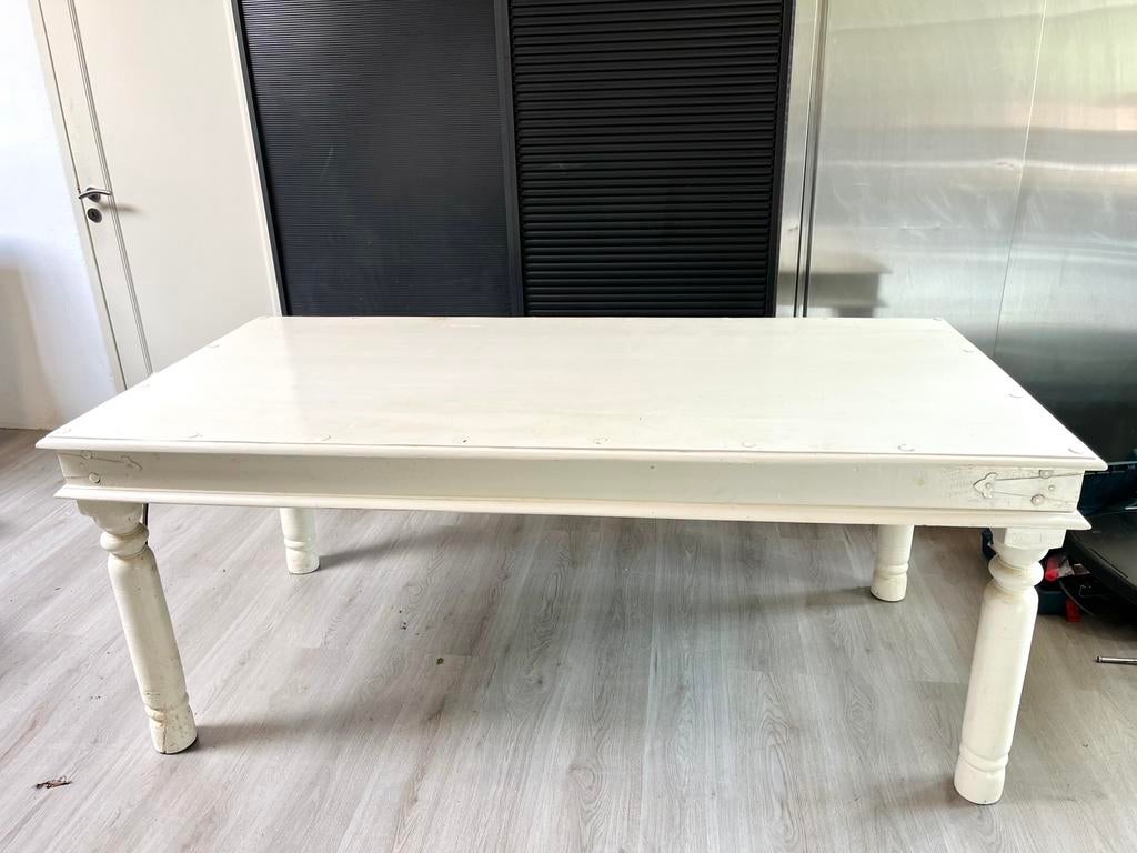 Vintage houten eettafel | brocante antiek landelijk wit, Ophalen, 50 tot 100 cm, Zo goed als nieuw, Vijf personen of meer