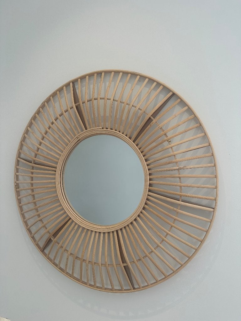 Spiegel rotan rond bamboe hout ronde, Rond, Ophalen of Verzenden, Zo goed als nieuw, 75 tot 100 cm