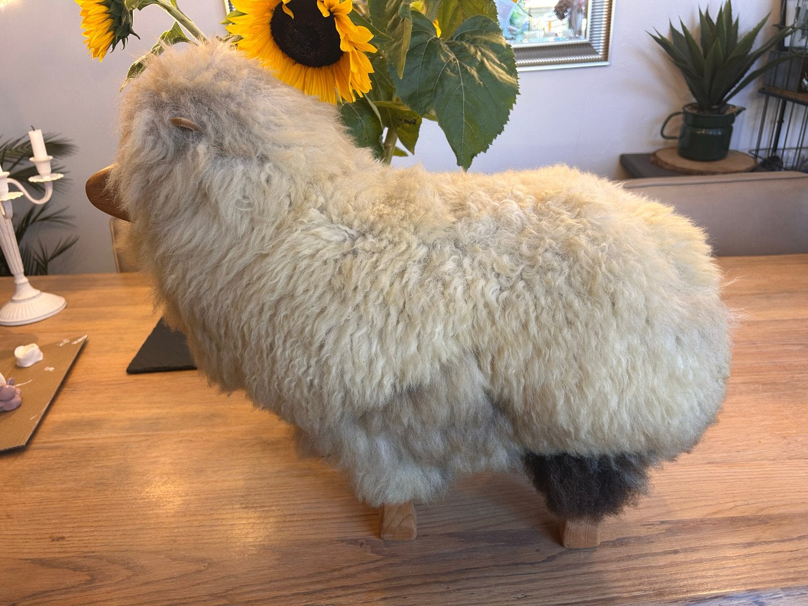 Uniek handgemaakt wollen hout schaap  - 50cm hoog, 60cm lang, Ophalen, Zo goed als nieuw, Boerderijdier, Beeldje of Figuurtje
