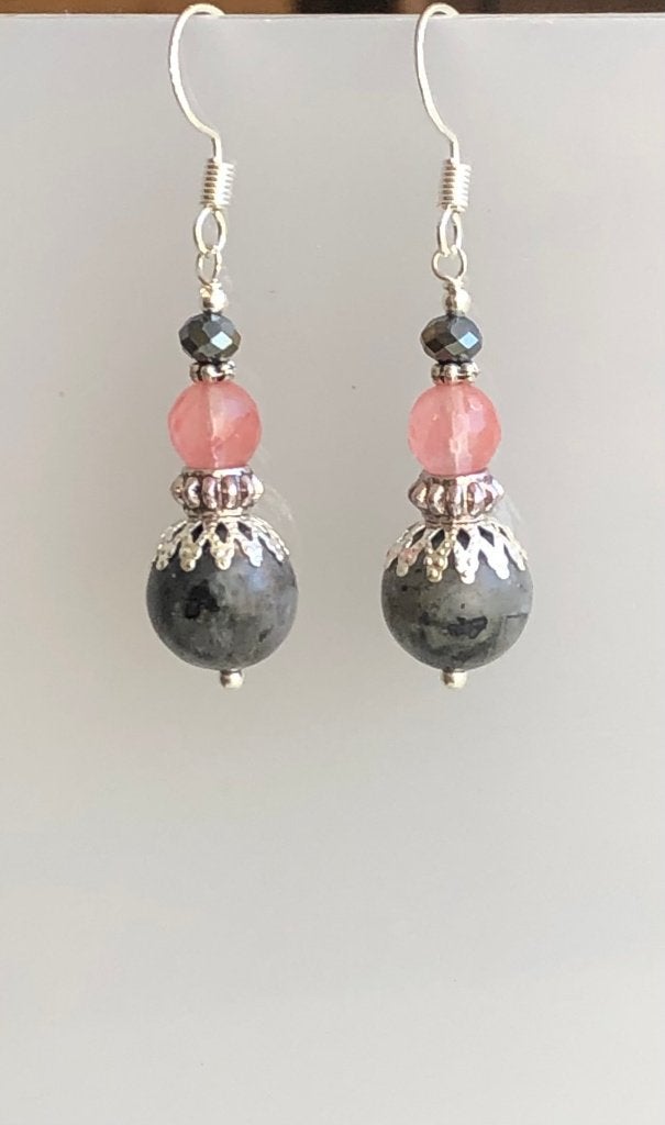 Prachtige oorbellen met Larvikiet, Cherry kwarts en kristal, Sieraden, Tassen en Uiterlijk, Oorbellen, Hangers, Nieuw, Grijs, Zilver