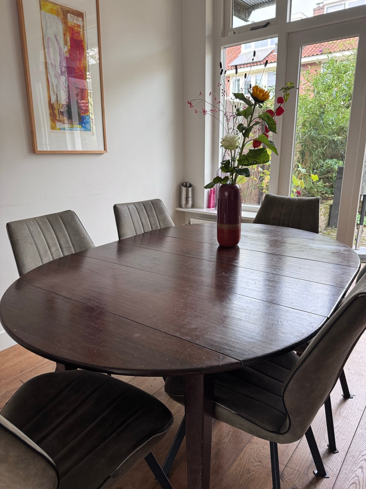Uitschuifbare Kersenhouten Eettafel - rond of ovaal, Ophalen, Gebruikt, 100 tot 150 cm, Vijf personen of meer