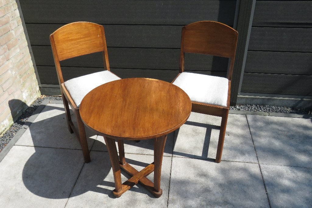 jaren 50 set tafeltje met 2x stoel, Huis en Inrichting, Stoelen, Ophalen, Gebruikt, Twee, Bruin