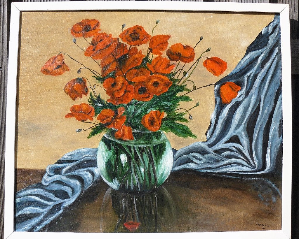 Olieverfschilderij met klaprozen in vaas, gesigneerd Carla., Antiek en Kunst, Kunst | Schilderijen | Klassiek, Bloemen, Doek, Ophalen of Verzenden